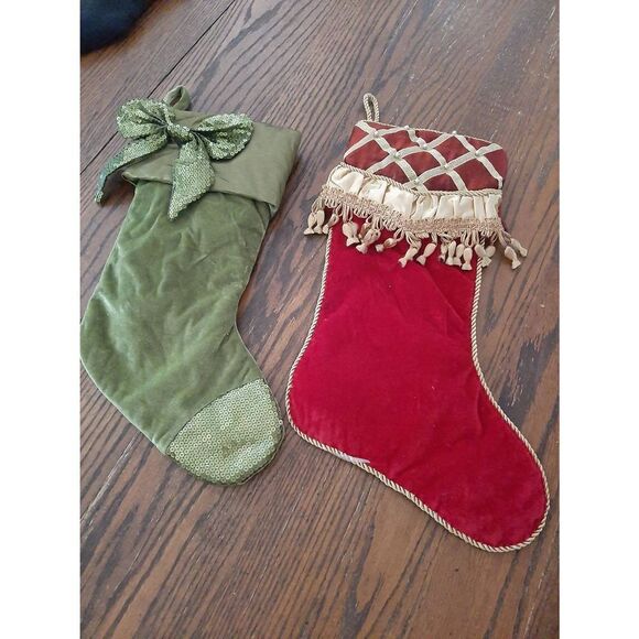 Lot 2 Fancy Christmas Holiday Stockings Red Gold Green - Picture 1 of 8